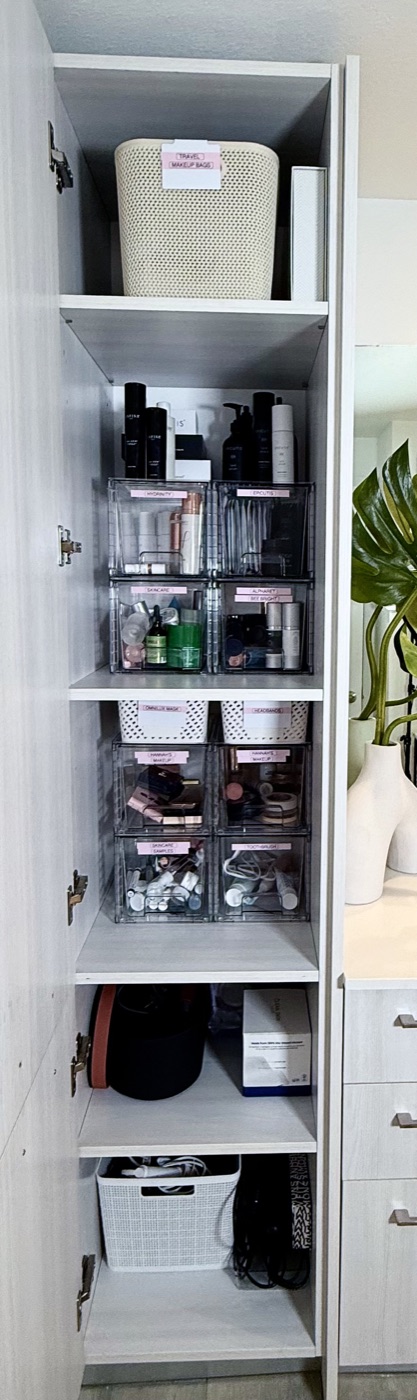 Labeled bathroom vanity cabinet with categorized skincare and makeup