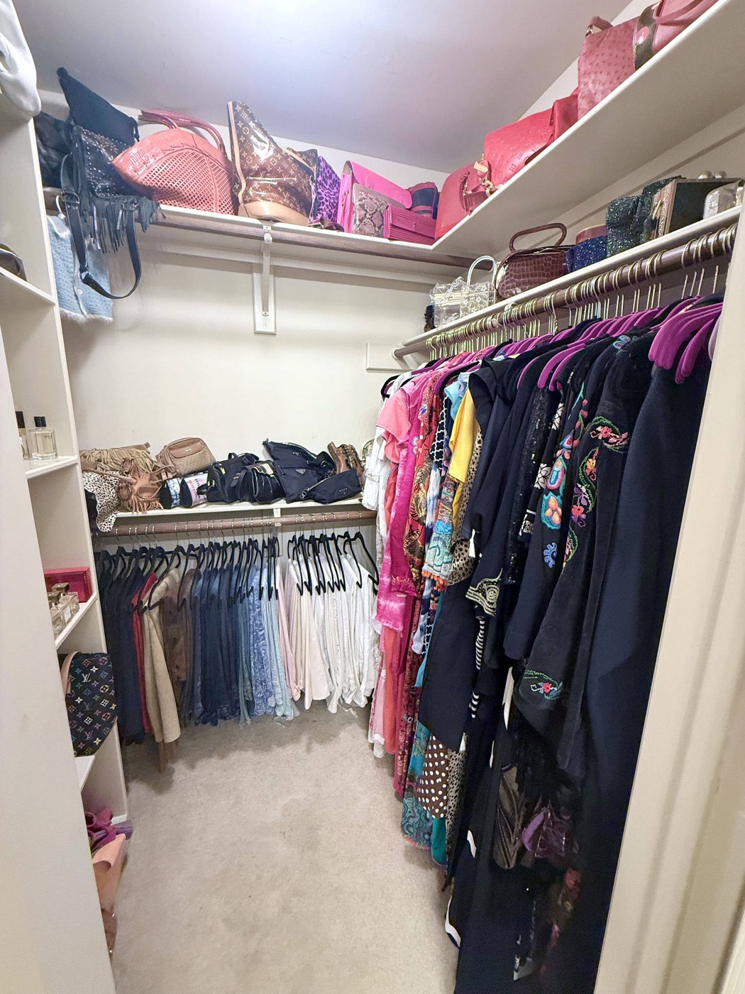 Walk-in closet with designer handbag collection and organized wardrobe