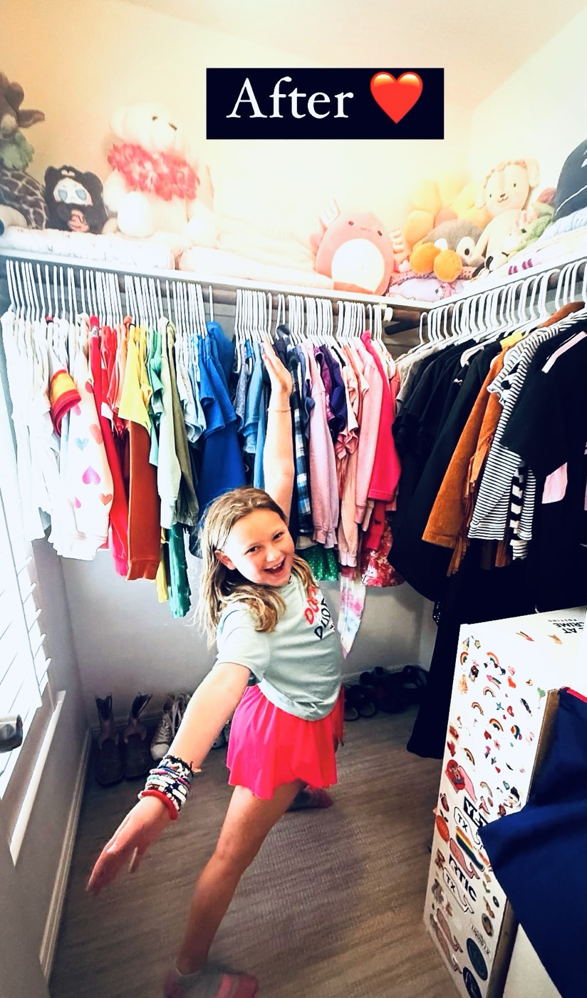 Children's closet after organization with color-sorted clothing and stuffed animals