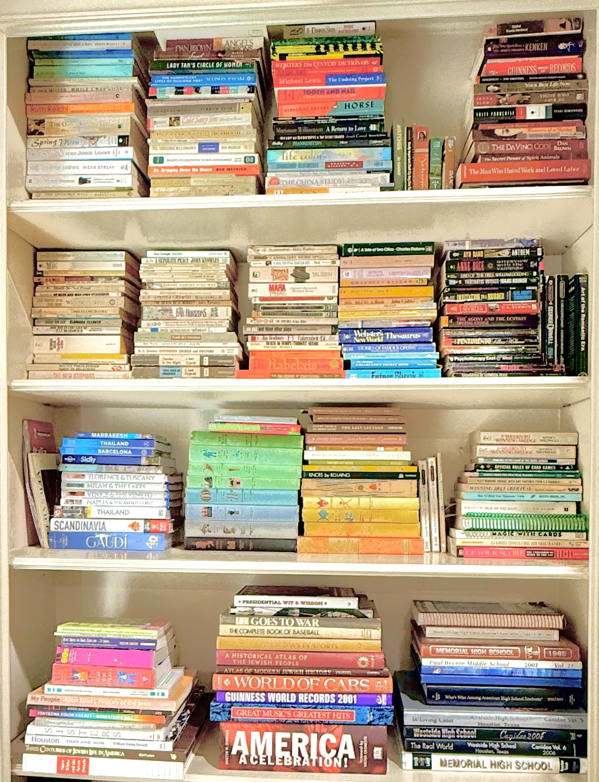 Bookshelf organized and color-sorted across four shelves