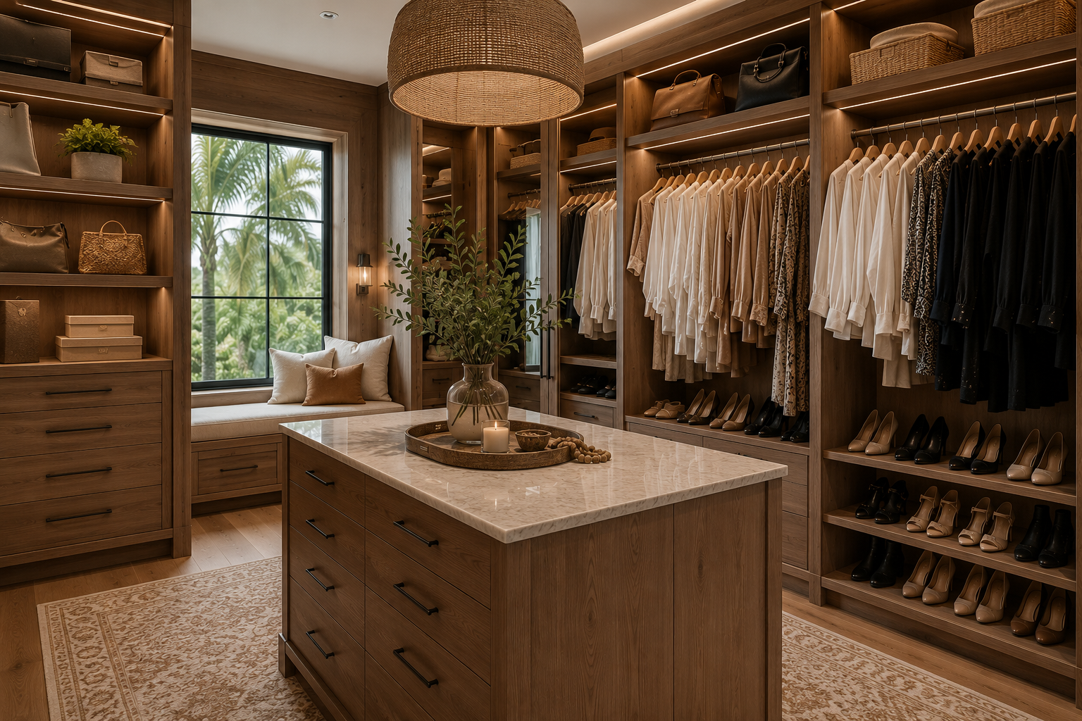 A warm, beautifully organized walk-in closet with a marble island
