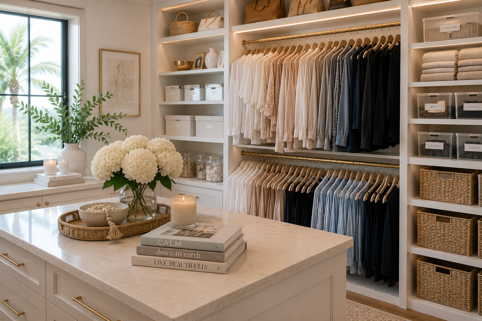 A serene, beautifully organized walk-in closet with labeled bins
